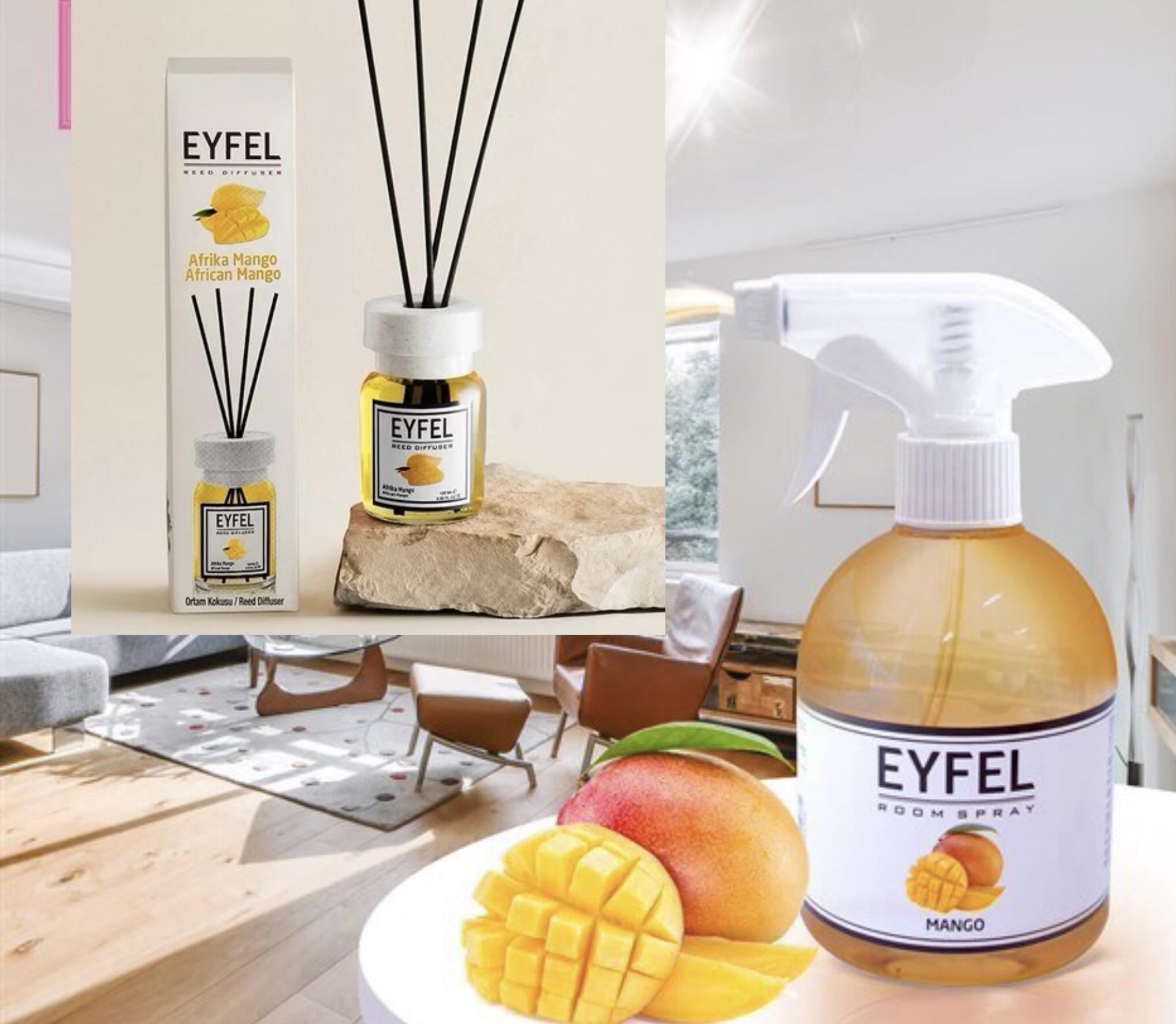 ست خوشبو کننده اتاق و پذیرایی ایفل ۱۲۰میل و ۵۰۰میل رایحه انبه اصلی. ظمانتی  مبدا ترکیه